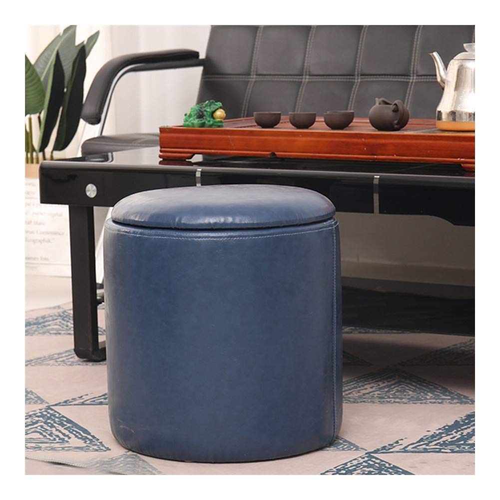 Repose-Pieds de Rangement Chaussures Bleu - Tabouret Rond Cuir