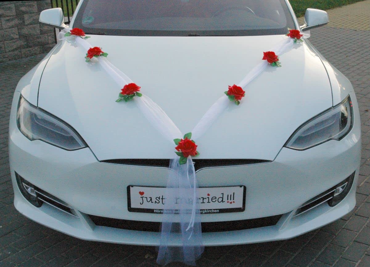 Decoración clásica para coche, 100% terminada, decoración de novia, pareja, rosa, decoración para coche, boda, coche, boda, decoración de boda, guirnalda de ratan (rojo/blanco)