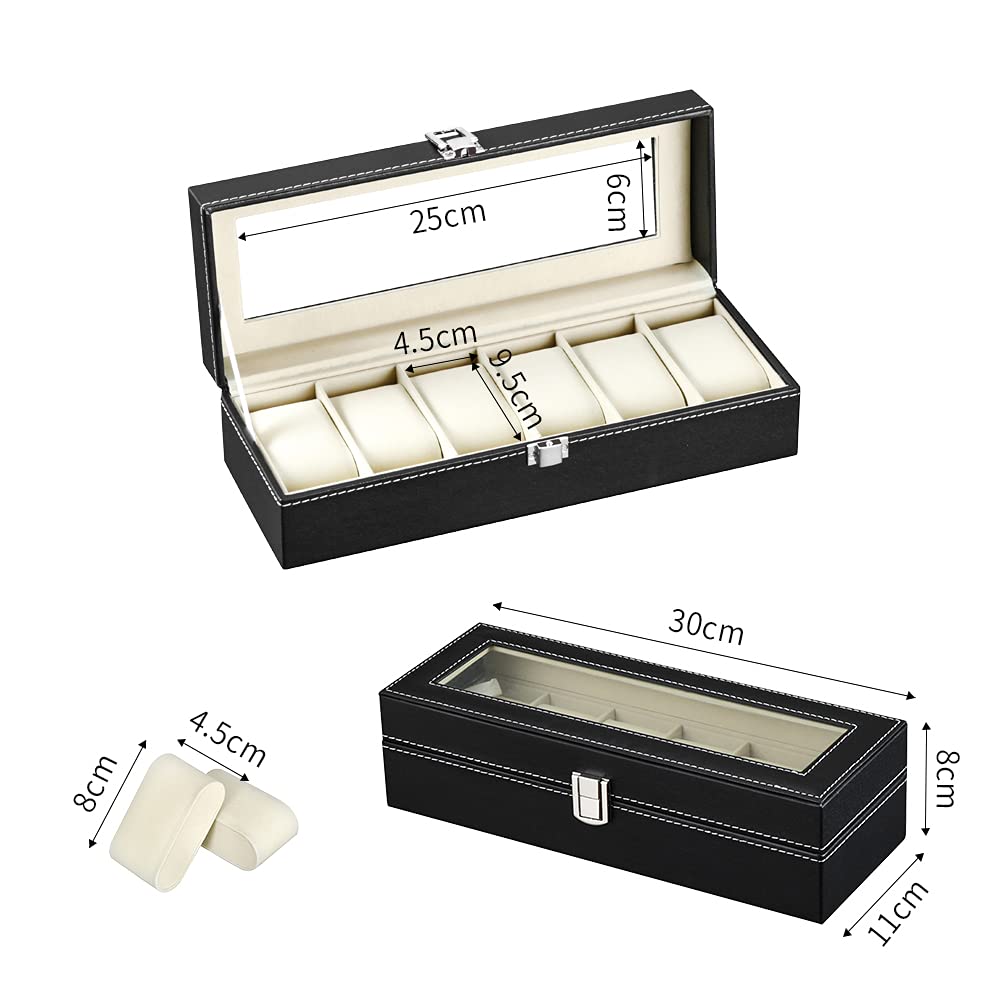 Boîte à Montres avec 6 emplacements, Ecrin pour Montres pour 6 Montres, Présentoirmontres avec Couvercle en Verre, Doublure en Velours, 30 x 11,5 x 8 cm (Schwarz-W04B)