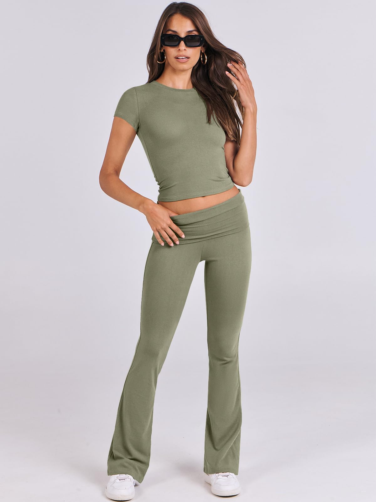 ANRABESS Lounge Sets for Women 2 Piece Foldover Yoga Flare Leggings Pants Crop Tops Casual Y2K Outfits Matching Tracksuit Set: Large Olive