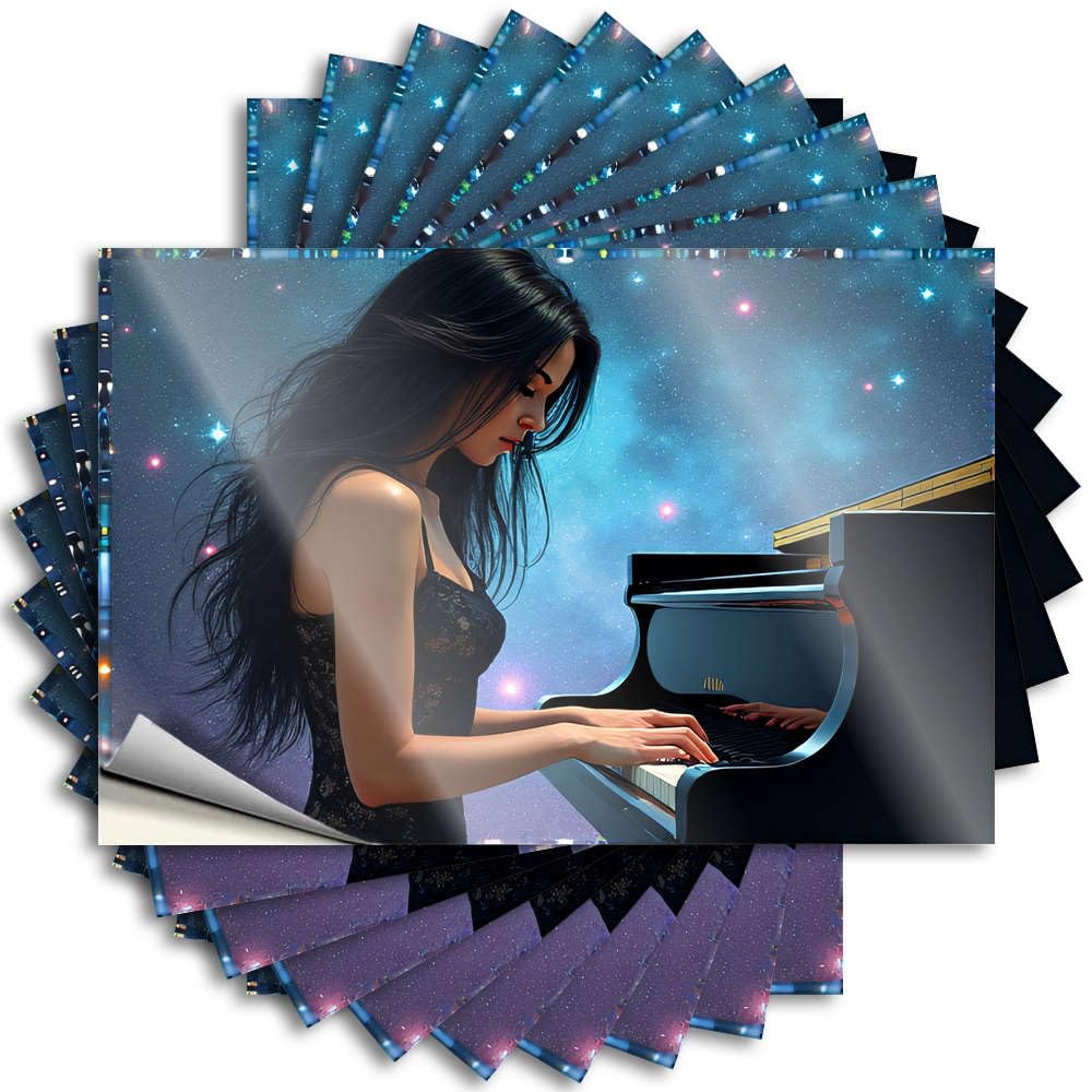 Fzfn Girls Colour Tattoos Mimosa Custom Stickers, Bumper Waterproof A Woman Plays The Piano Under A Starry Sky For Hydro Flask | Retro Vinyl Decals For Silicone Holiday Gift(6X9cm)