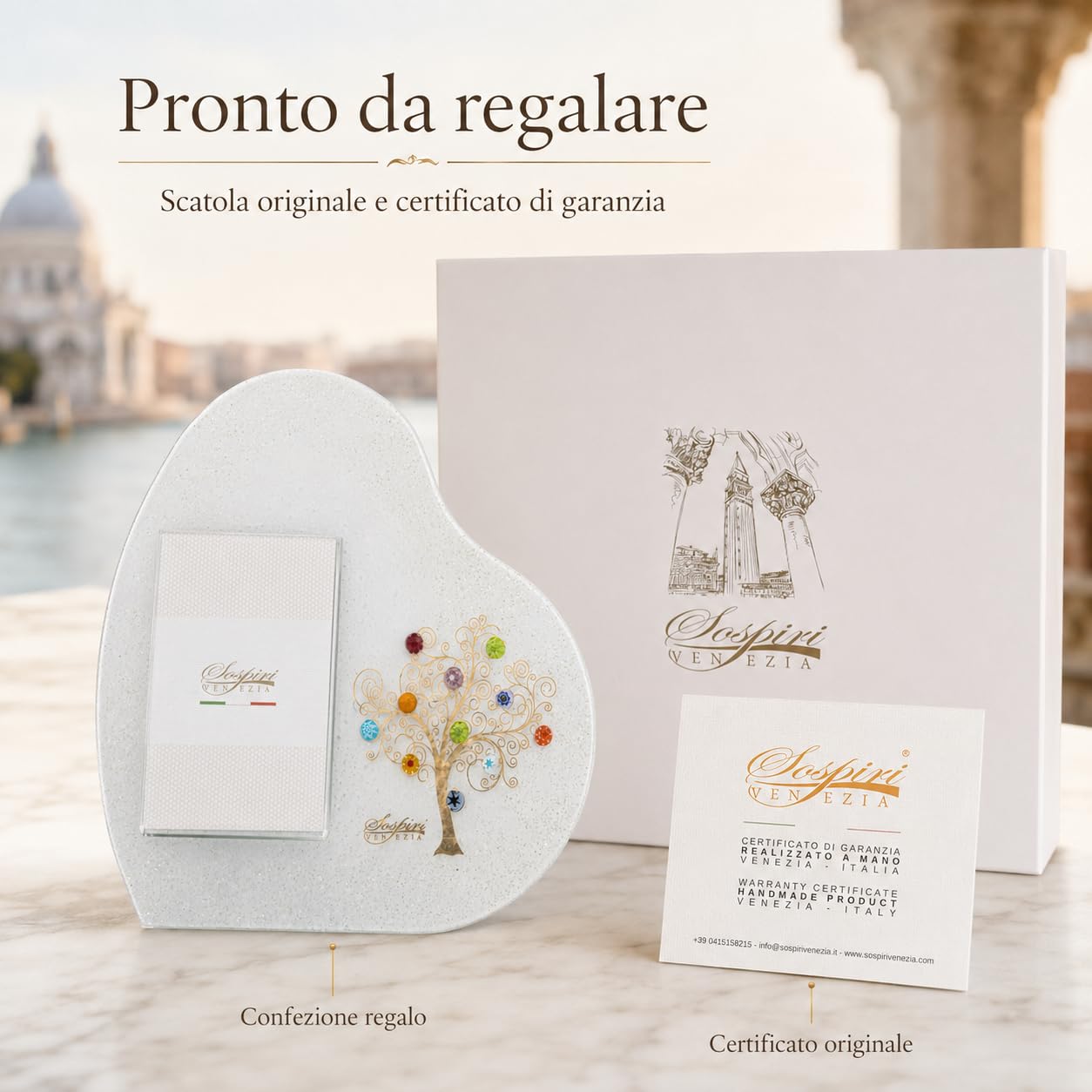 Sospiri Venezia Portafoto Vetro Murano Cornice a Cuore Decorazione Albero della Vita con Murrine Supporto da Scrivania o Tavolo Foto 7x10 cm Idea Regalo Made Italy (19x19 cm)