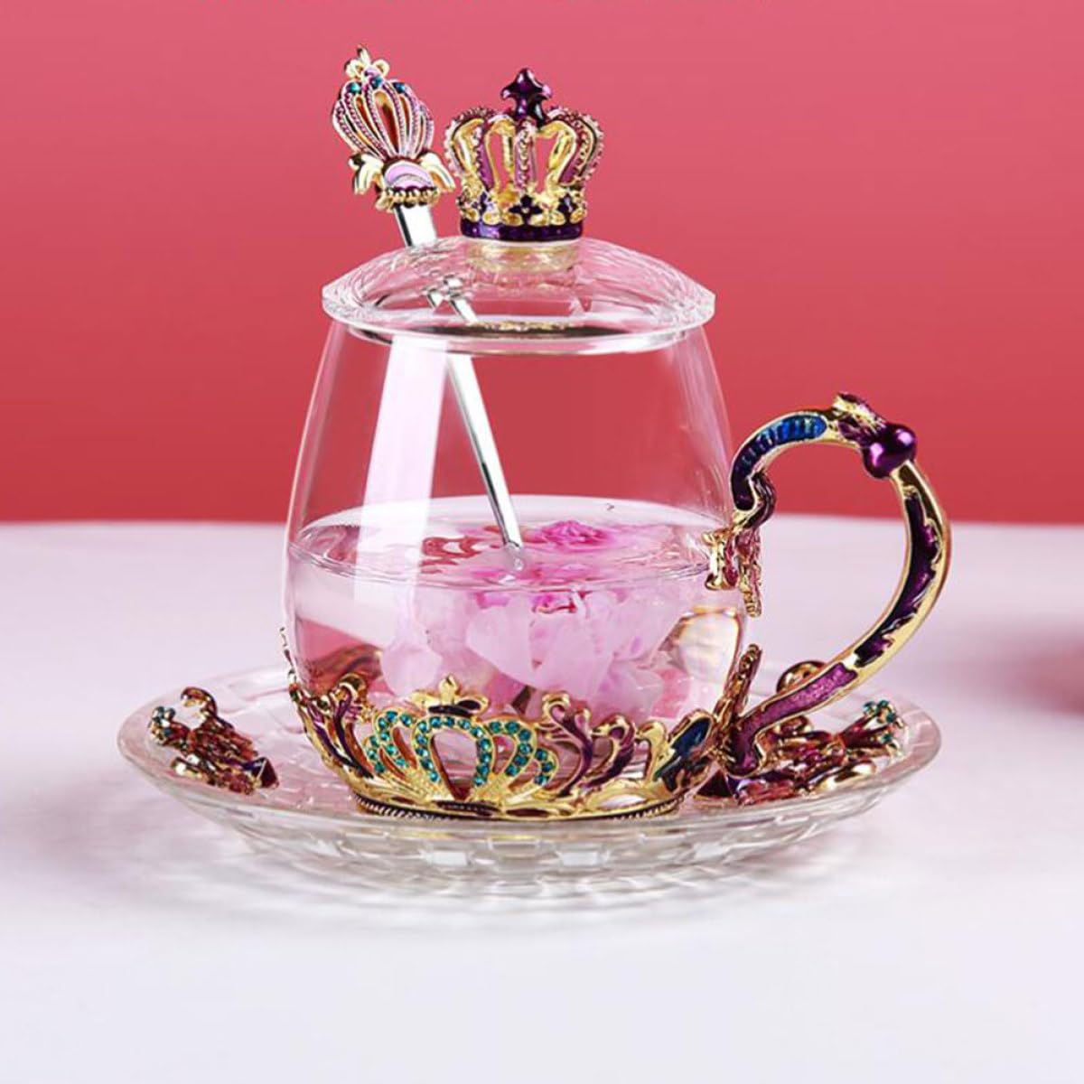 Healeved Taza de Té de Cristal Esmaltado Pequeña con Cuchara, Resistente al Frío y Calor, Ergonómica para Uso Doméstico y Oficina, Juego Sencillo con Diseño Funcional Color Aleatorio