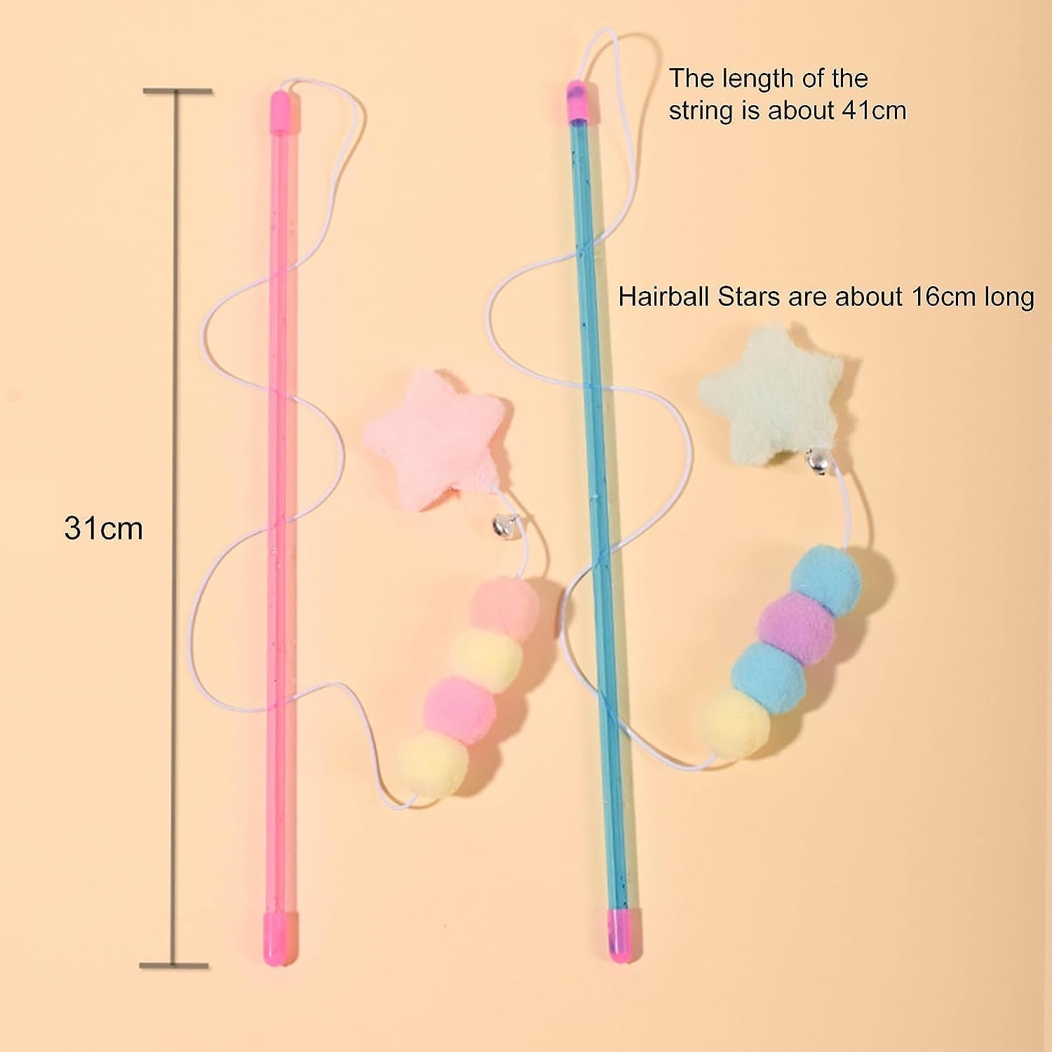 Cldaisy Pink Cat Stick Toy Elastic Rope Plush Ball Star Pendant Bite-Resistant Comfortable Grip Relieve Boredom Handmade Kitten Teaser Wand Cat Mice and Animals Toys - Image 2