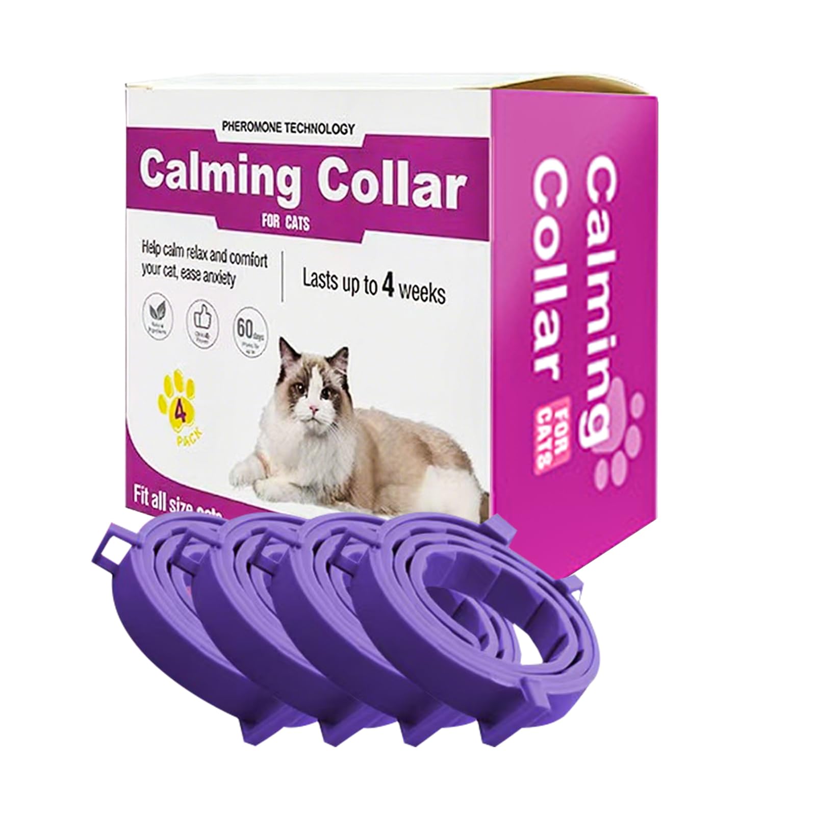 Cat Calming Collar, 15-Inch Adjustable, 60-Day Stress Relief, Purple, 4-Pack