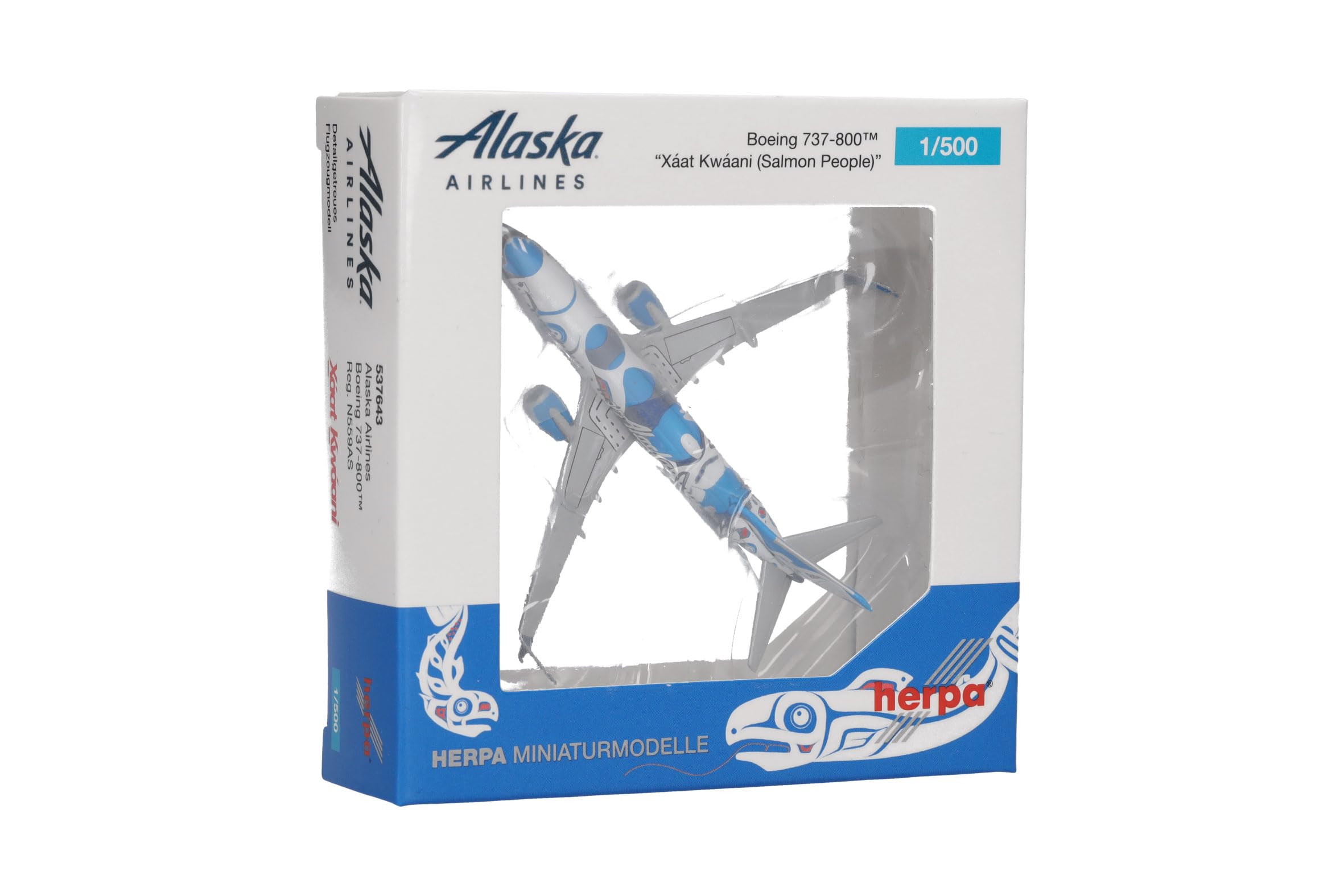 herpa modello aereo Boeing 737-800 "Xáat Kwáani (Lachsmenschen) Alaska Airlines, miniatura in scala 1:500, pezzo da collezione, senza supporto, metallo