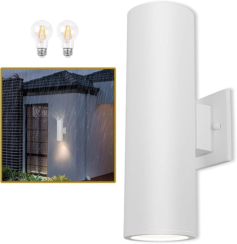 Lámpara de pared al aire libre, luz de patio con cubierta de vidrio templado blanco mate y cilindro de montaje en pared impermeable de aluminio,