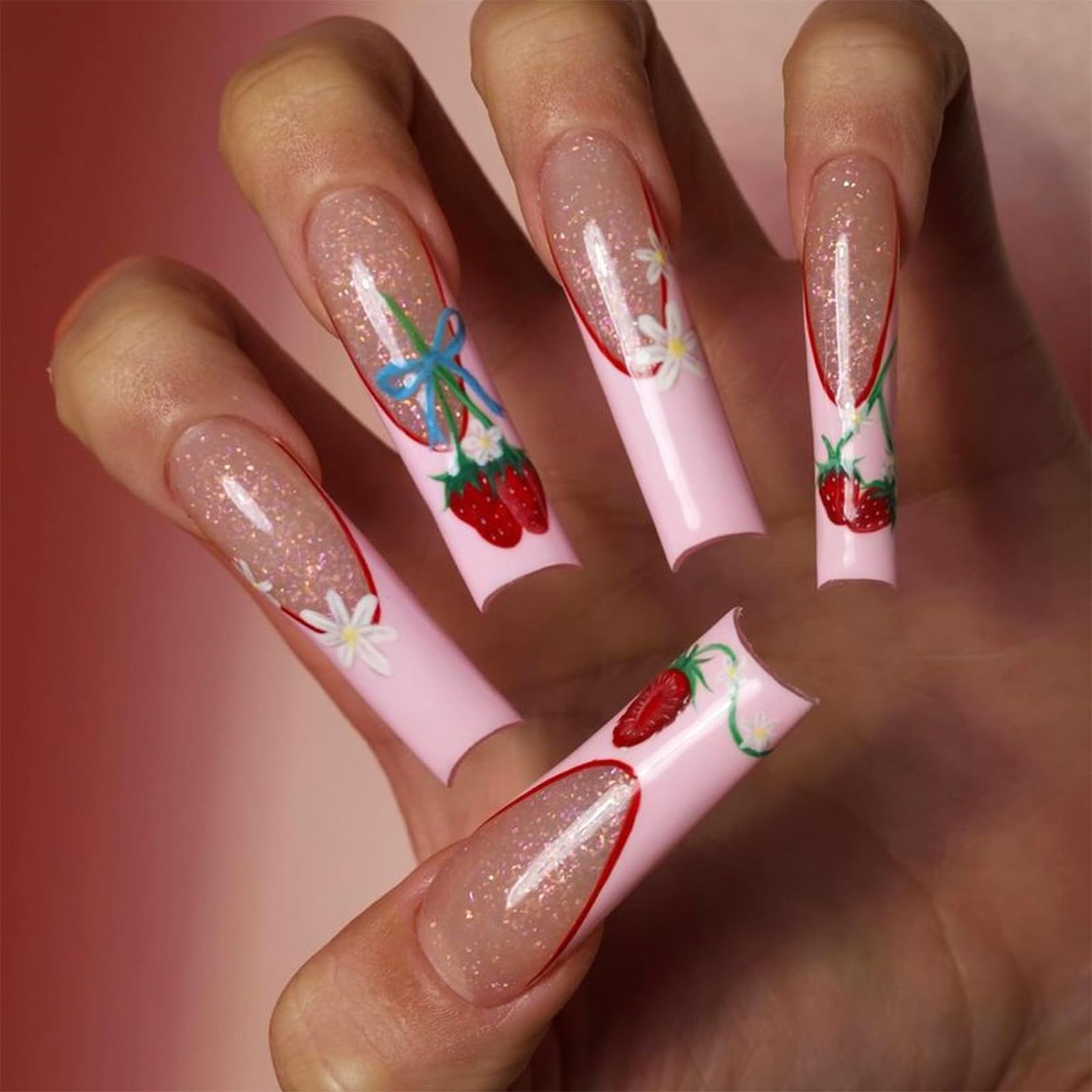 IMRAIN Press on Nails Extra Long Square Fake Nails Pink French Tips Strawberry False Nails Full Cover Glossy Handmade Acrylic Gel Glue Stick on Nails