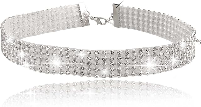 Atentuyi Rhinestone Choker Necklace Cubic Zirconia Tennis Necklace Sparkly Crystal Choker Silver Rhinestone Chain Necklace Jewelry for Women and Girls