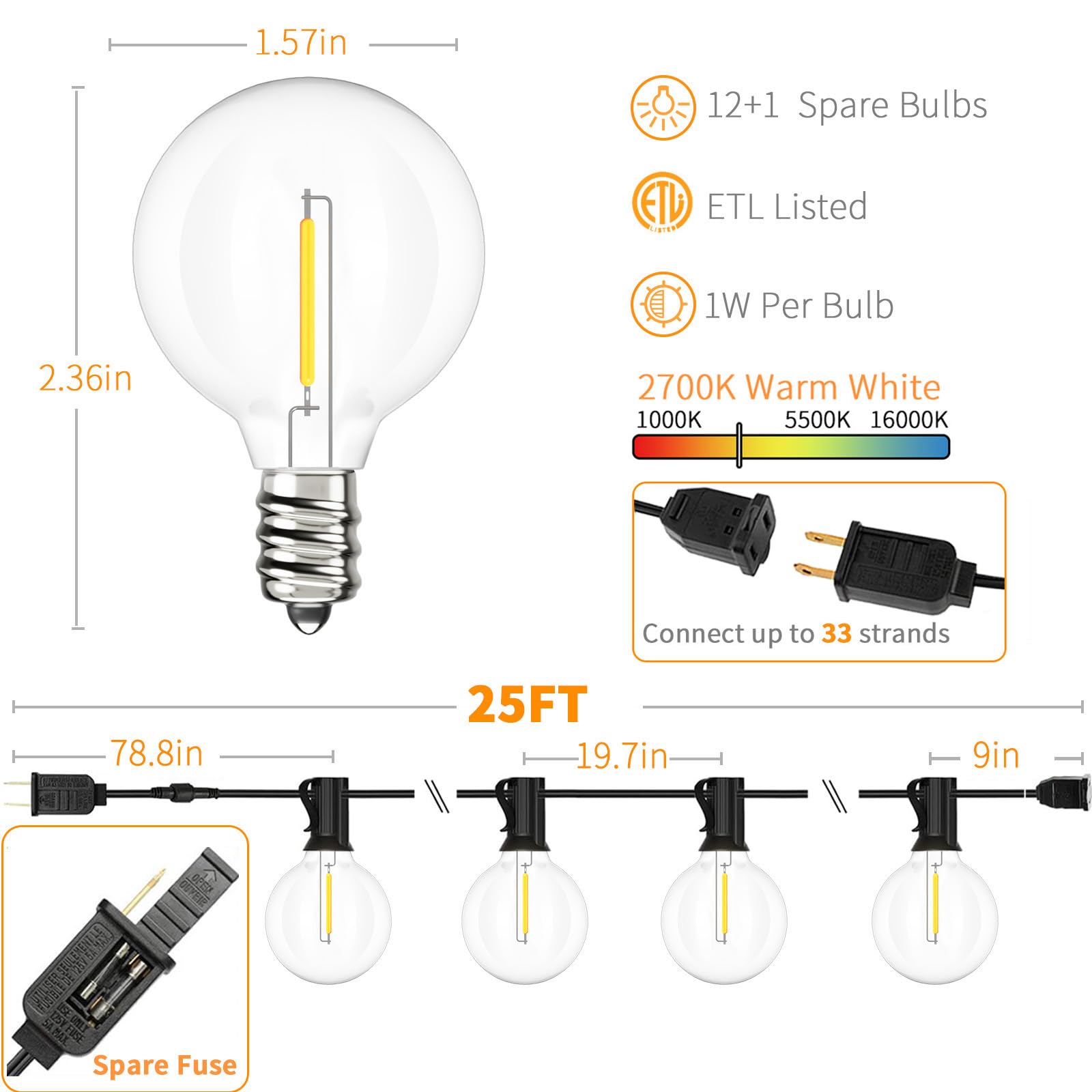 Svater Outdoor String Lights LED 25 FT, Patio Globe Lights with 13 Plastic G40 Bulbs, Waterproof Dimmable Outside Hanging Light for Backyard Bistro Cafe Porch Party Decor, 2700K Warm White