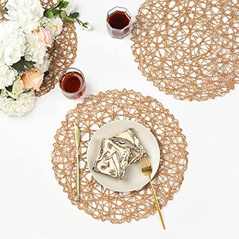 IcosaMro Brown Round Placemats for Dining Table Set of 6 Paper Placemats Non-Slip Woven Heat Resistant Circle Charger Place Mats Decor for Holiday Christmas Wedding Accent Centerpiece, 14.96 Inches Cover