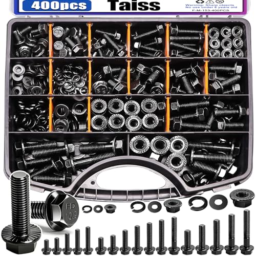 Taiss 400PCS Metric Flange Bolt Assortment kit,10.9 Grade M6x1.0, M8x1.25, M10x1.5 Bolts (12mm to 45mm) Black zinc Plating Hex Bolts and Nuts Washers,Metric Bolt Assortment