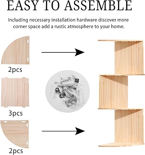 Miniatura 5 de Artilady Estantes esquineros  Estante esquinero de 4 niveles para montaje en pared, estantes flotantes de madera rústica para soporte de plantas de