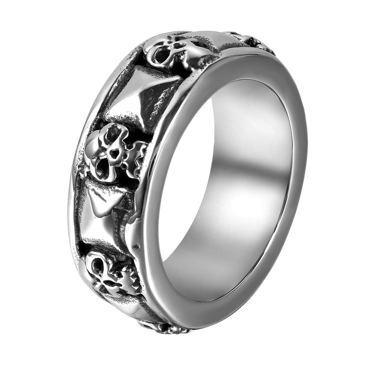 JewelryWe biżuteria, gotycki pierścień męski, trupia czaszka, piramida, stal szlachetna, czarny, srebrny