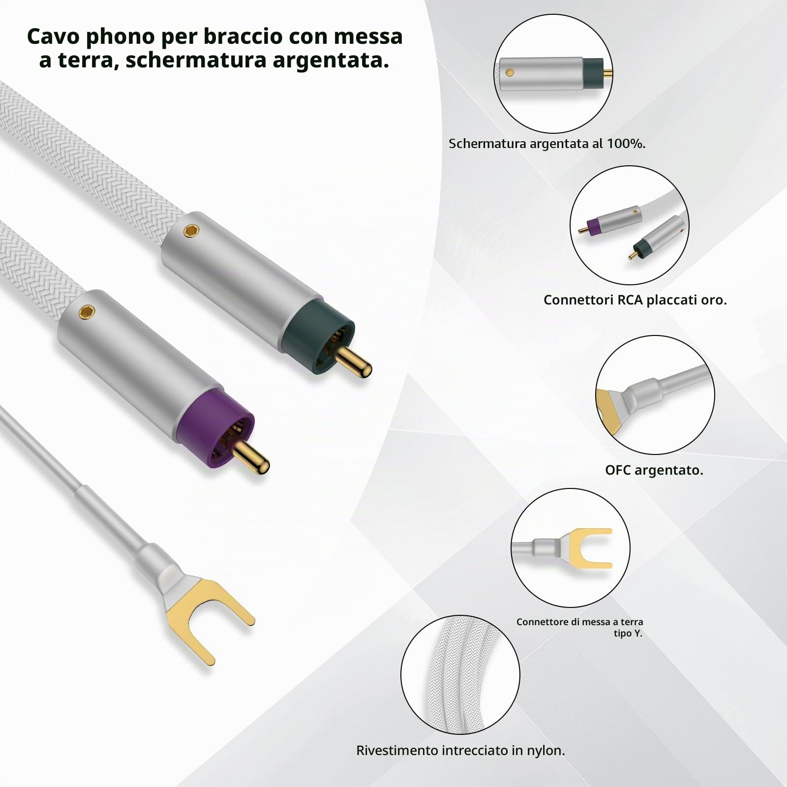 Tertullus Cavo Fonofono Con Messa a Terra, 2 m, Placcato in Argento, Schermatura OFC, RCA, Spina Dorata per Giradischi Amplificatori (2 x RCA su 2 x RC/Bianco)