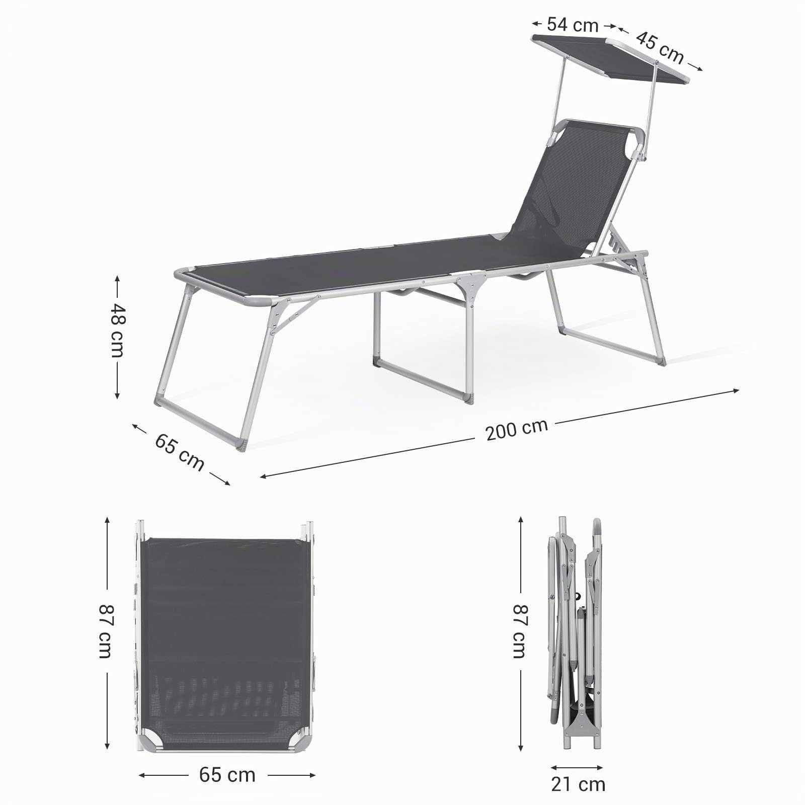 SONGMICS Sonnenliege mit Dach, Liegestuhl, Gartenliege, Aluminium, groß, 65 x 200 x 48 cm, bis 150 kg belastbar, Rückenlehne verstellbar, klappbar, Garten, Balkon, Terrasse, grau GCB26GY