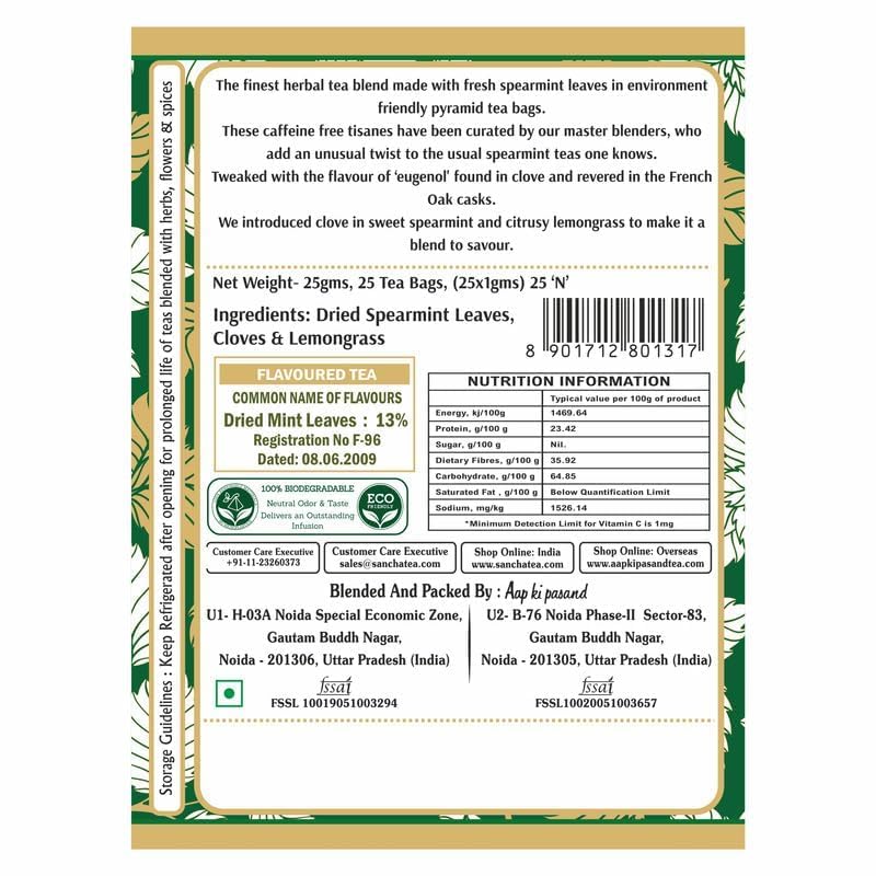 Image of Sancha Spearmint Herbal Tea Bags | Caffeine-Free Mint, Clove & Lemongrass Blend | 25 Biodegradable Pyramid Bags x Pack of 2