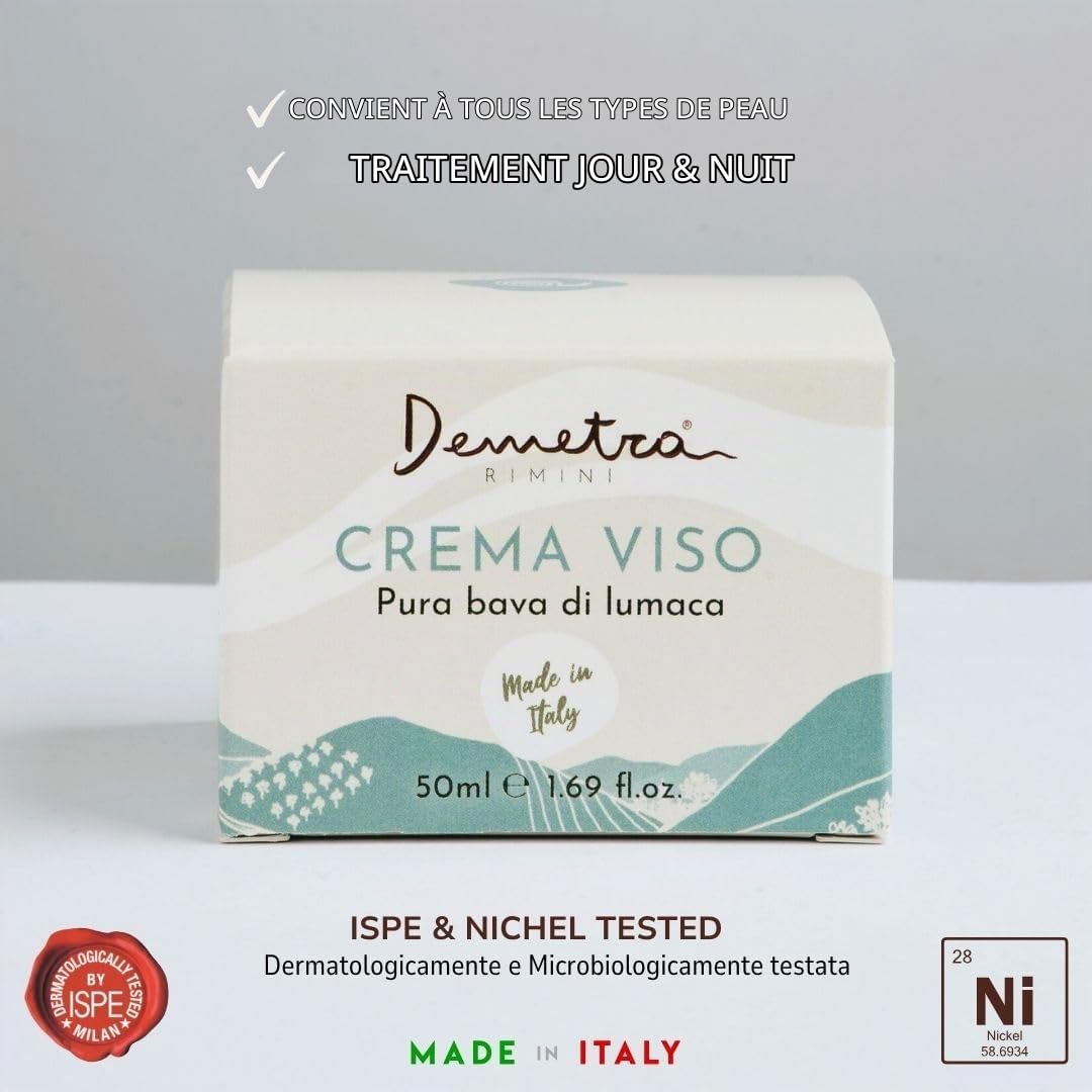 Demetra Crème Visage Régénérante à la Bave d’Escargot 85%, Acide Hyaluronique, Cassis Bio, Collagène et Élastine hydrolysés – 50 ml