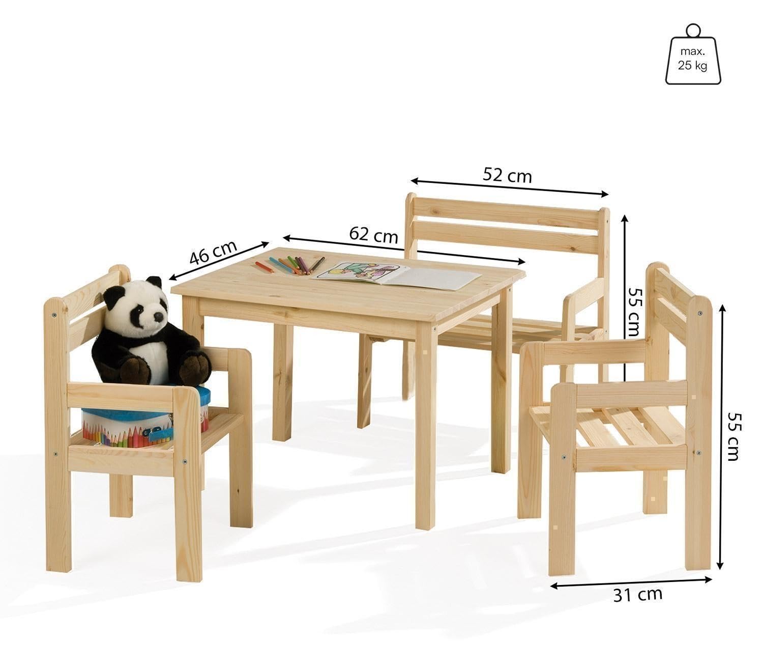 Kindersitzgruppe 4-teilig - mit Kindertisch, Sitzbank & 2 Stühlen - Braun - Kiefernholz Massiv - Sitzgruppe Kindertischgruppe Holzsitzgruppe