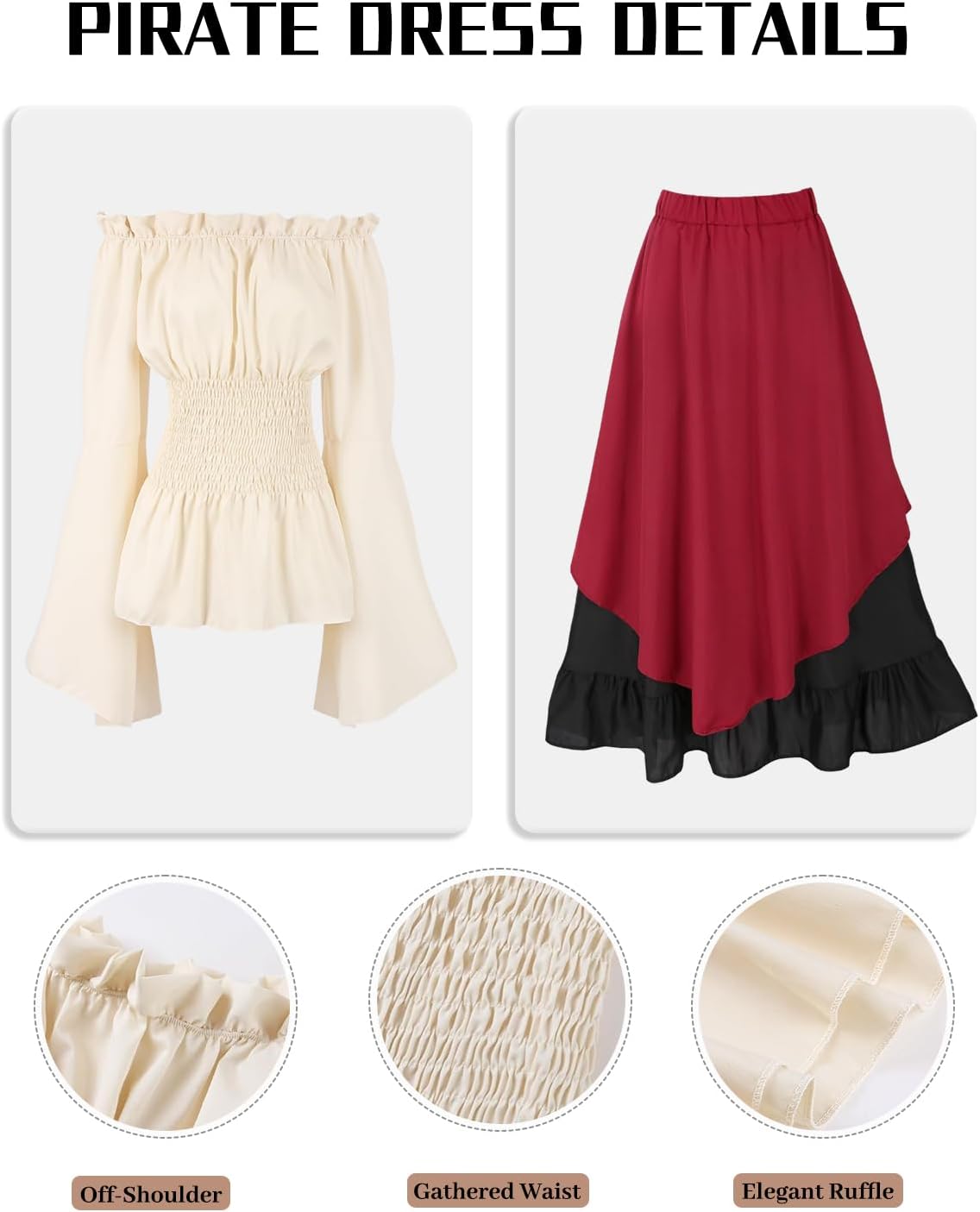 Renaissance Costume Women Ren Faire Outfit Medieval Skirt Dress with Corset Belt Pouch Coin Purse Skirt Hike 7PC - Image 8