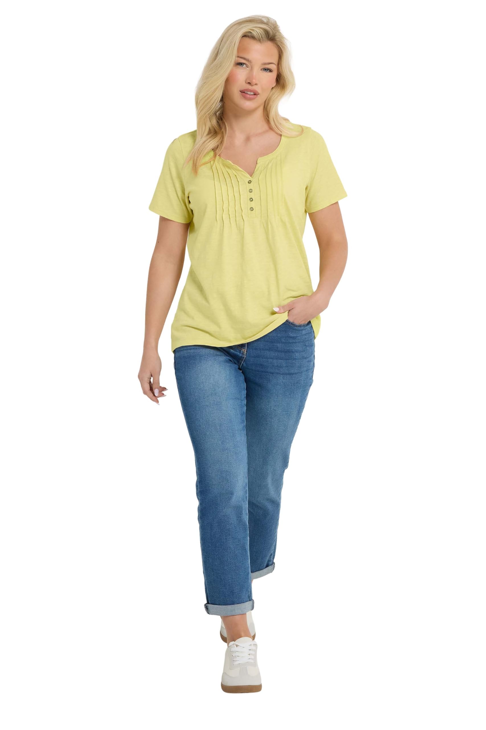 M&Co Women's Lemon Yellow Cotton Short Sleeve Henley Top