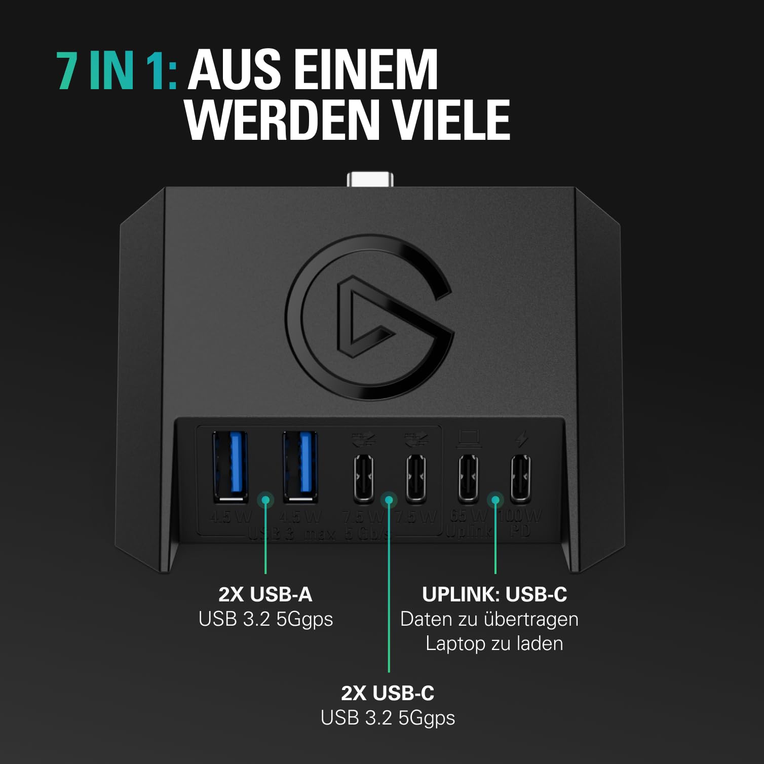 Elgato USB Hub für Stream Deck +, Multiport-Adapter | 2x USB-A, 2x USB-C 5 Gb/s, SD-/microSD-Kartenleser, 100 W Power Delivery, PC/Mac