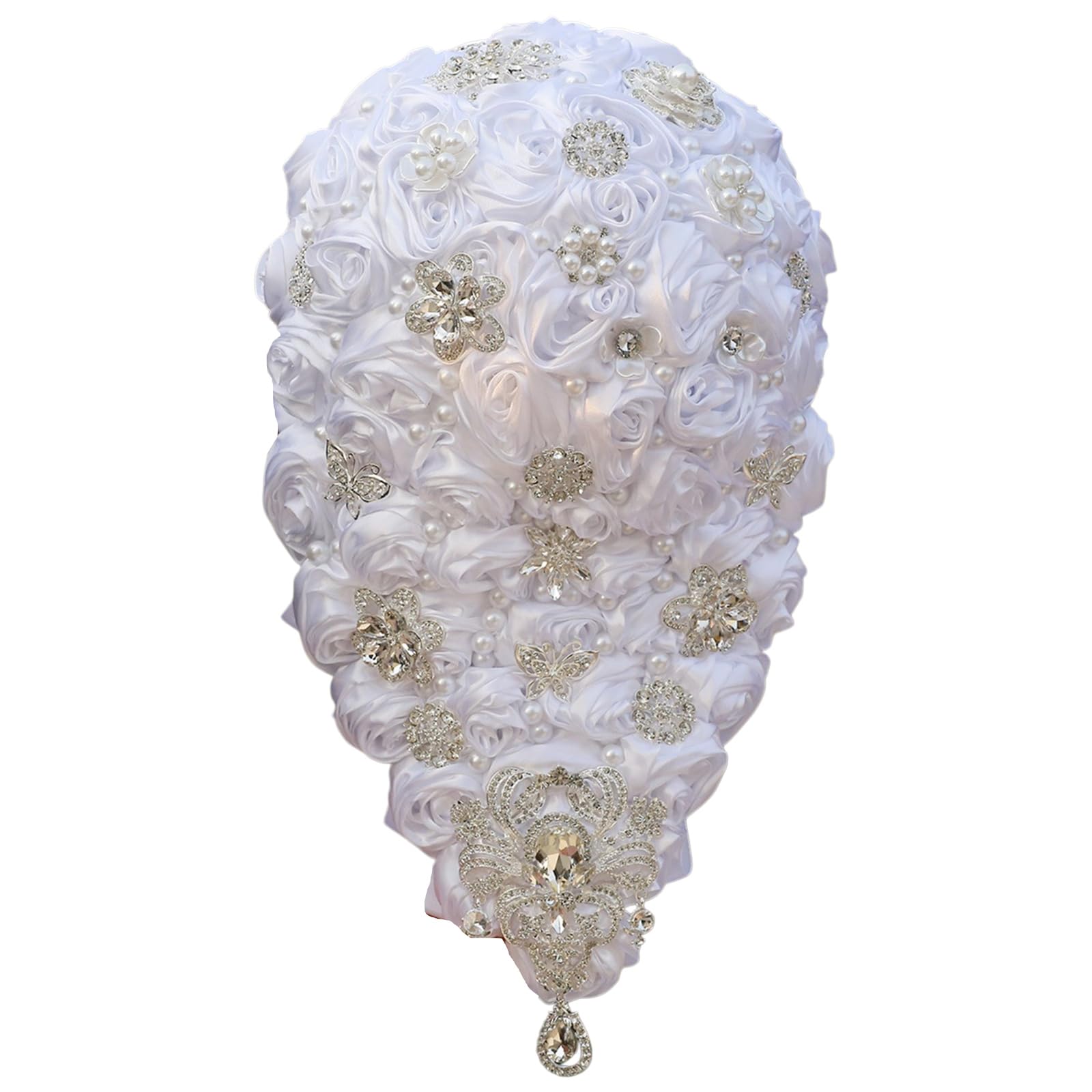 Piceioep Luxury Cascading Bridal Bouquet Waterfall Bouquet with Golden Rhinestones Wedding Essential Luxury
