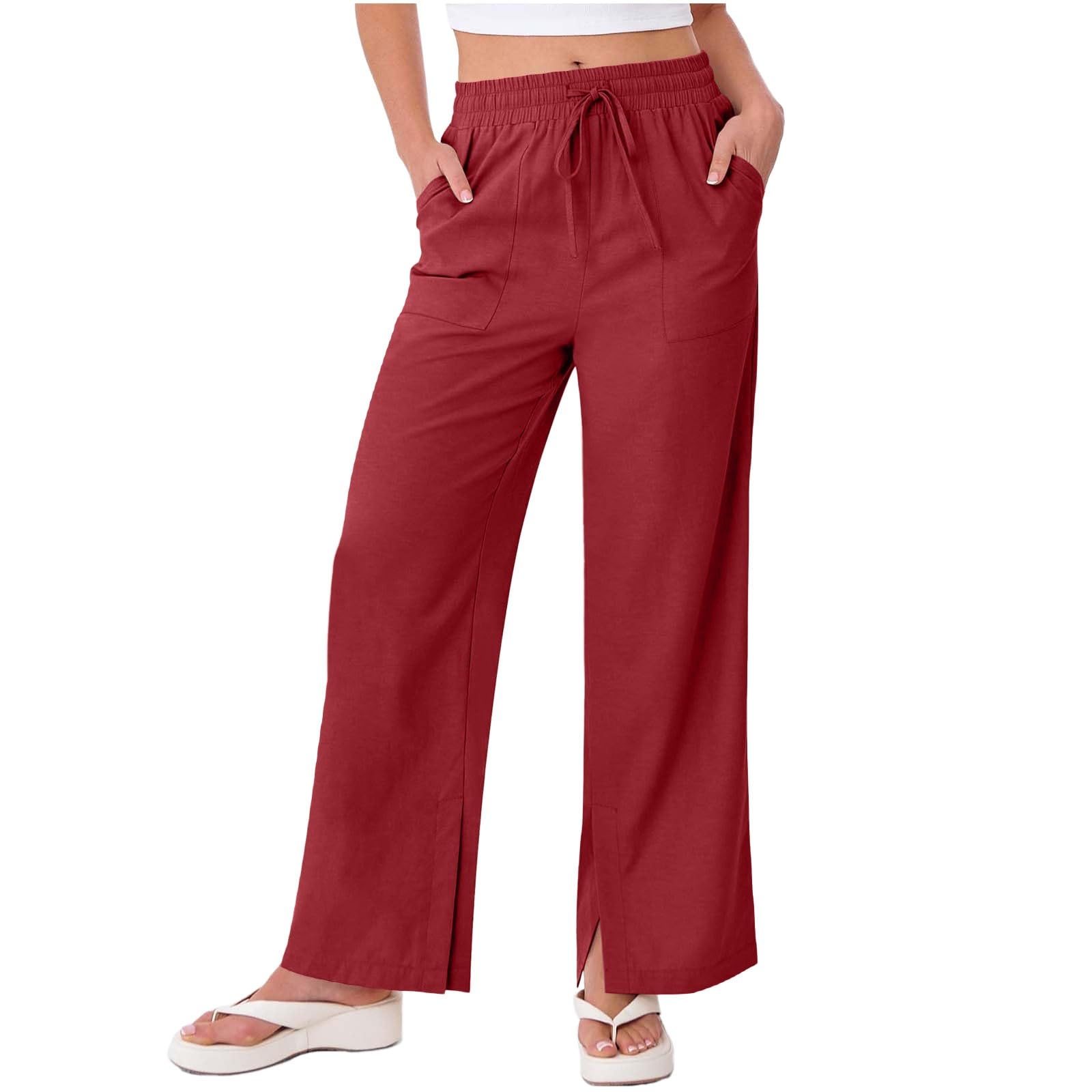 Generisch Pantalon de loisirs pour femme - Pantalon d'été en coton - Couleur unie - Pantalon de jogging - Taille élastique avec cordon de serrage - Jambe large - Avec poches - Pantalon de plage