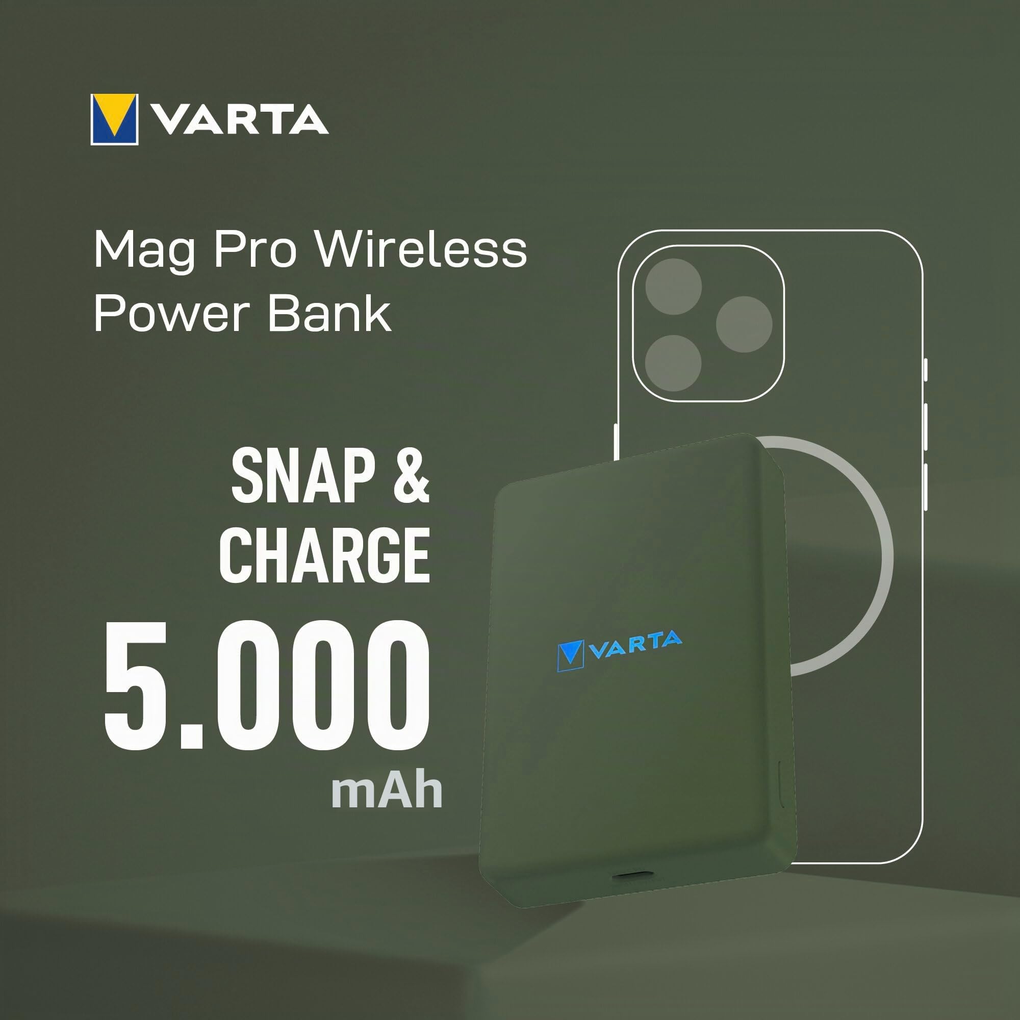 VARTA Batería Externa 5.000mAh, Power Bank inalámbrico magnético, Mag Pro Power on Demand, wireless, 7,5W, cargador con USB Tipo C, compatible con MagSafe y Qi Standard (iPhones y Android), verde | Power on Demand, carga inalámbrica MagSafe y Qi, cargador