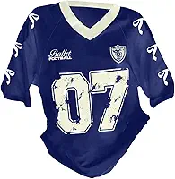 Blusa Feminina de Malha Y2K Oversized com Estampa Gráfica de Números, Decote em V, Manga Curta, Estilo Hip-Hop/Streetwear, Azul Royal, Tamanho 11 Anos.