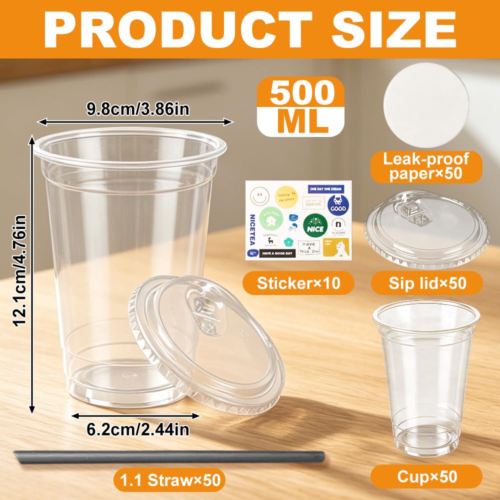 50 bicchieri di plastica trasparente con coperchi e cannucce, 500 ml, bicchieri da caffè in plastica con adesivi fai da te e carta a prova di perdite, per frappè freddo, frullati, caffè