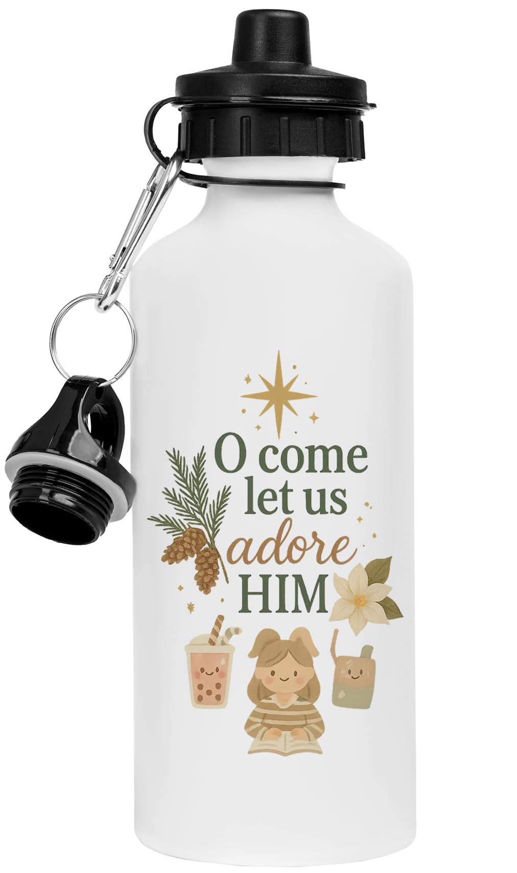 Crèche de Noël gourde blanche en acier inoxydable et mug en céramique assorti