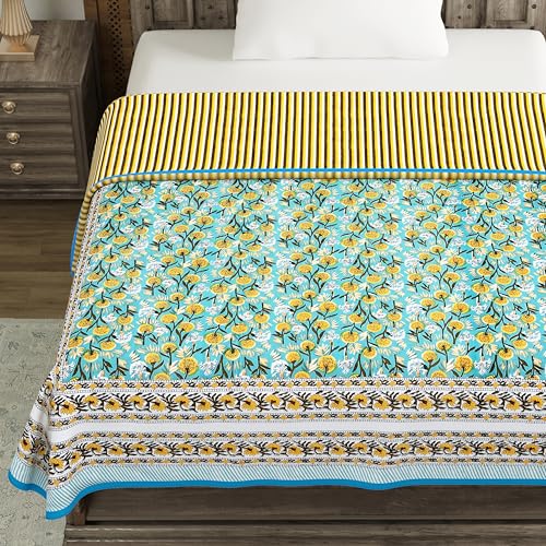 Image of BLOCKS OF INDIA Hand Block Printed Cotton Single Size Reversible Malmal Dohar for Summer (Blue GAD BUTI)