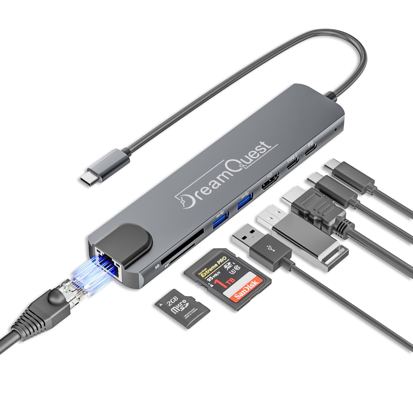 DreamQuest 8-in-1 USB C Hub Dockingstation, USB-C Adapter mit 4K HDMI, 100W PD Ladefunktion, RJ45 Ethernet, SD/TF Kartenleser, USB 3.0 für MacBook Pro/Air, iPad,Surface