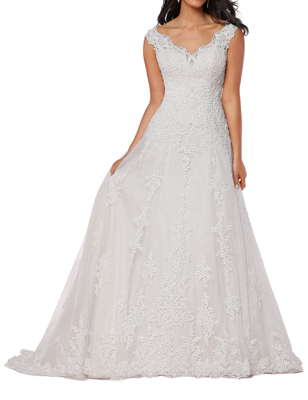 Pizzo A-Line Senza Maniche da Sposa Moda Vintage V-Collo Civil Abiti, Bianco, 50