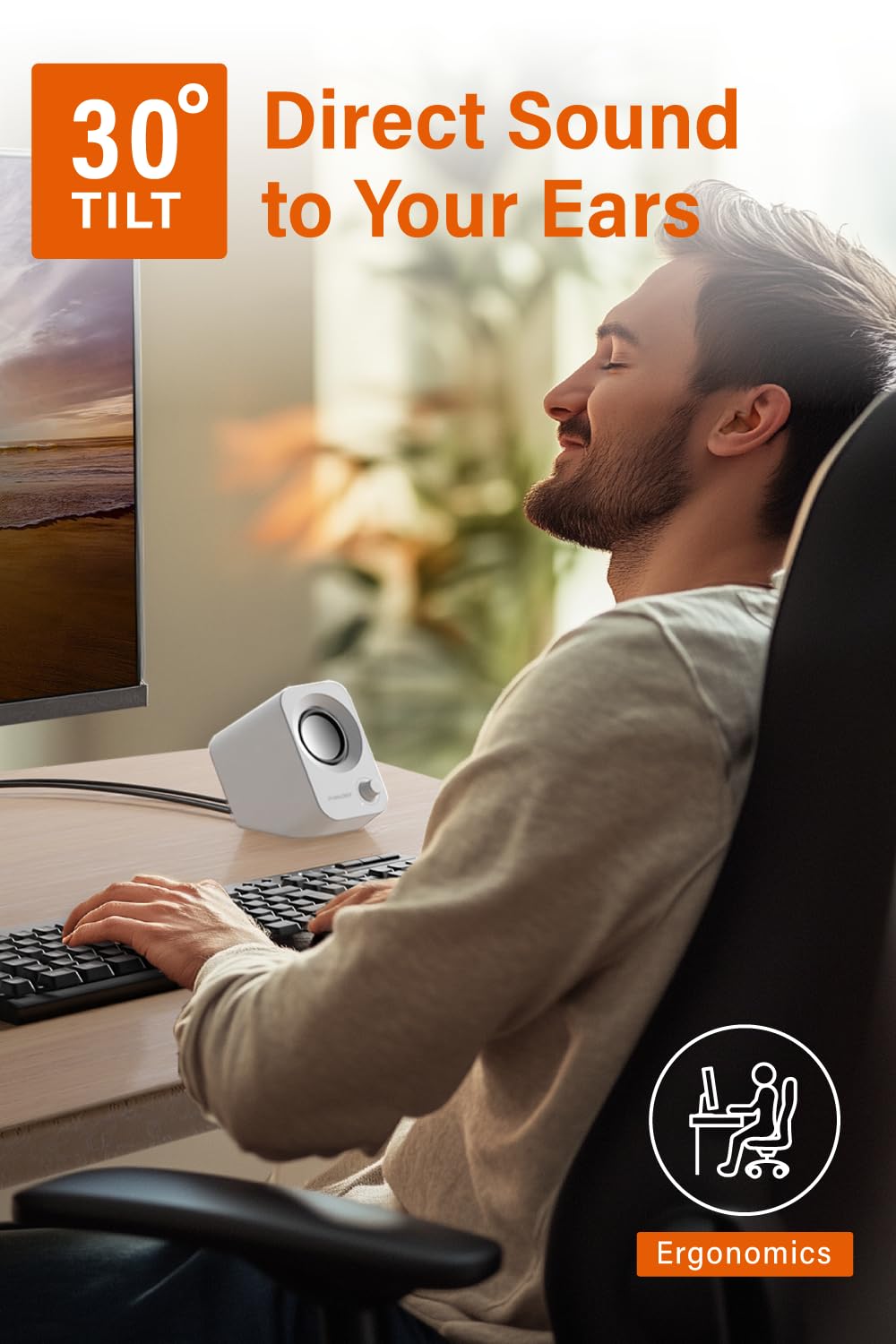 FUNLOGY Altoparlante stereo per PC, 14 W, alimentazione USB, dimensioni compatte con design inclinabile a 30°, controllo del volume, per desktop, laptop, monitor, console di gioco, bianco