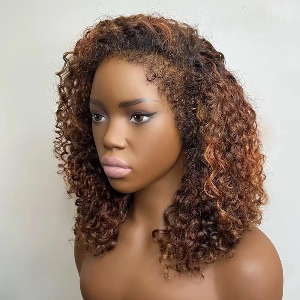 #1B/4/27 Chocolate Brown Colored Wig Highlight 4C Kinky Edges Curly Bob 13X4 HD Lace Front Wig Baby Hair Pre Plucked Virgin Human Hair Glueless Brazilian Remy 180% Density for Women 12"