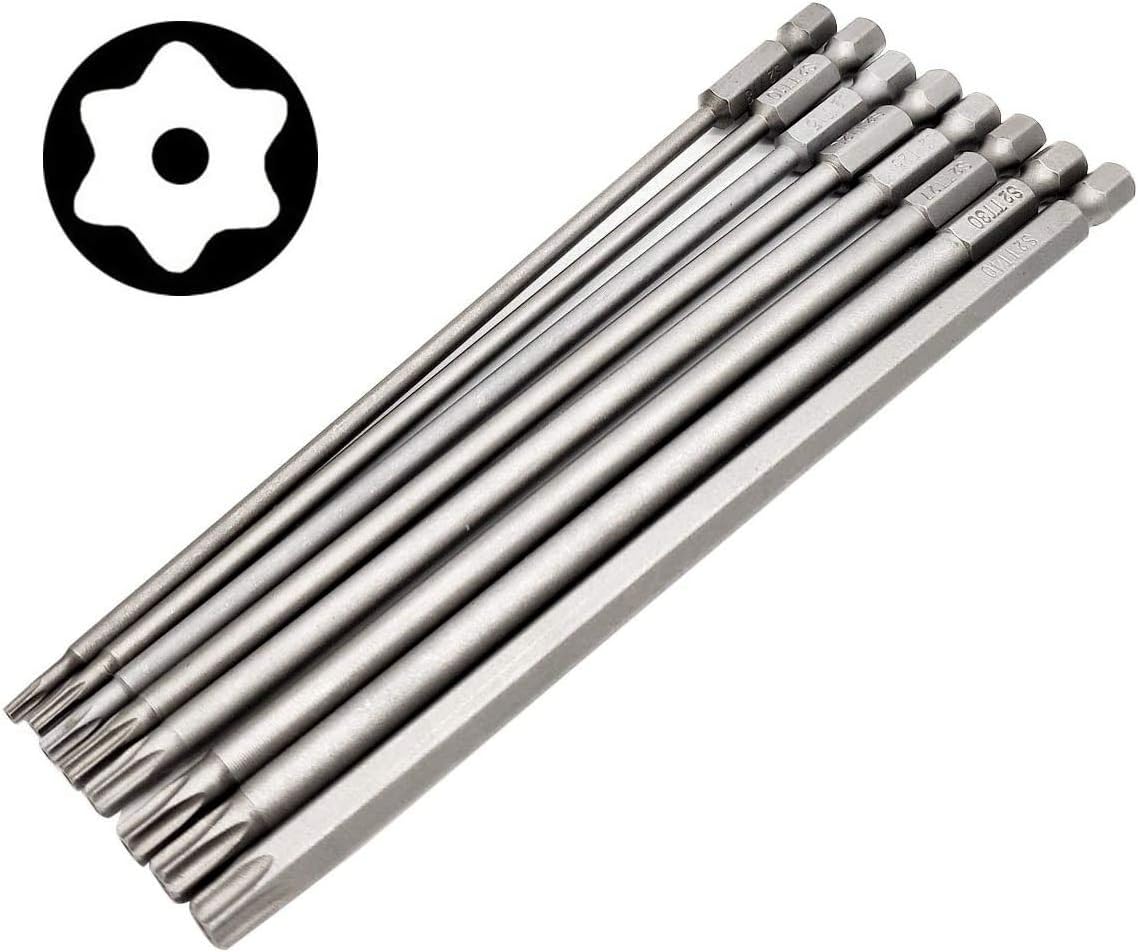 8pcs 6 Inch (150mm) Length 1/4 Inch Hex Shank Torx Head Screw Driver Bit Set Security Tamp er Proof Star 6 Point Screwdriver Kit Tools T8/T10/T15/T20/T25/T27/T30/T40