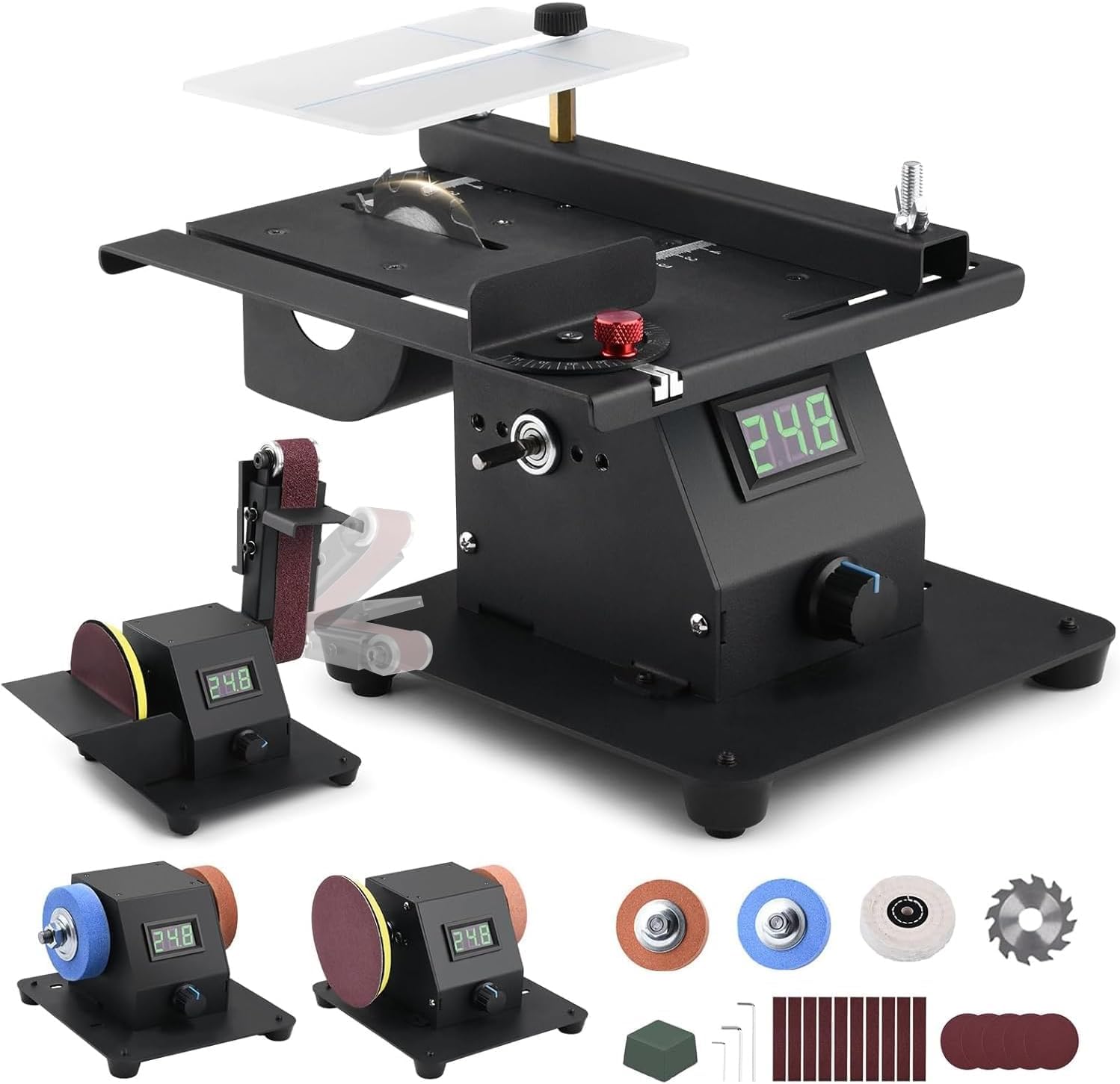 4-IN-1 Mini Tischkreissäge 350W mit LED-Voltanzeige, 0-90° Verstellbarer Bandschleifer mit 10 Schleifbänder, Doppelschleifmaschine, Multifunktionsgerät mit 7-stufig einstellbarer Geschwindigkeit