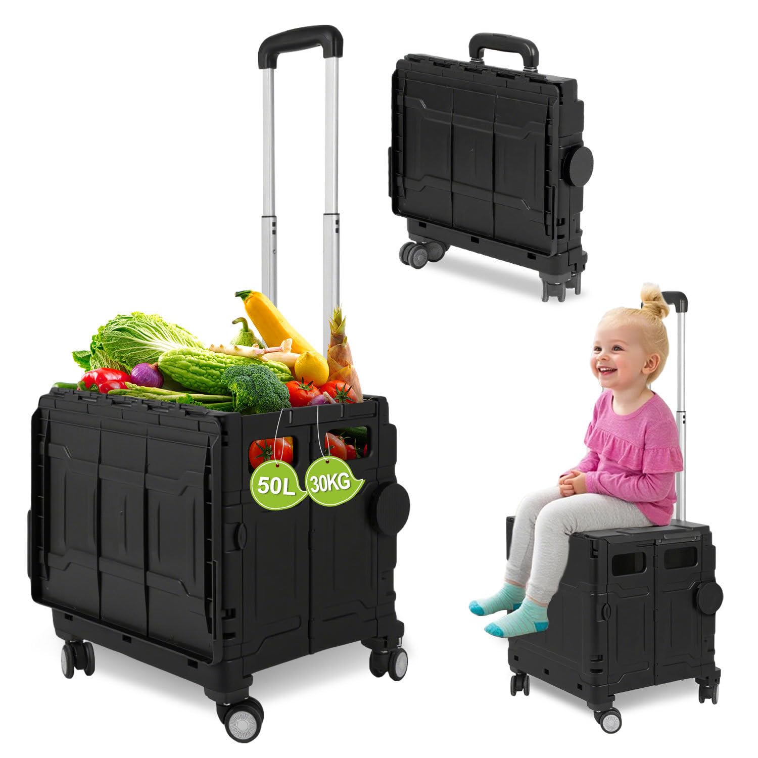 Vkechh Einkaufstrolley Klappbar, mit neigbarer Teleskopgriff & Deckel, mit Rollen, bis 25/30 kg, 45/50 Liter Kiste, Trolleys für Einkauf, Märkte und Camping, Schwarz/Weiß