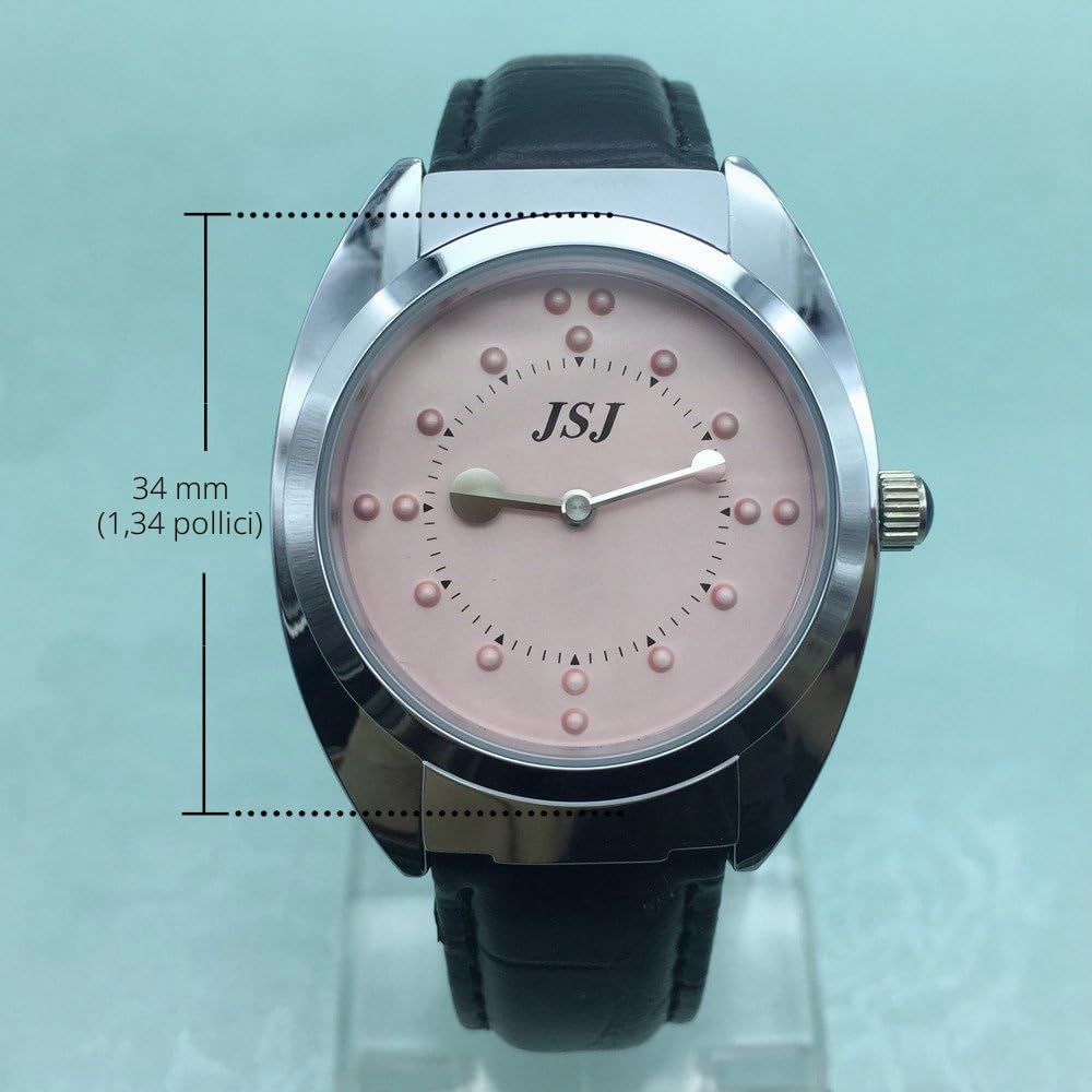 Orologio Tattile al Quarzo per Non Vedenti o gli Anziani con Quadrante Rosa, Cinturino in Pelle Nero