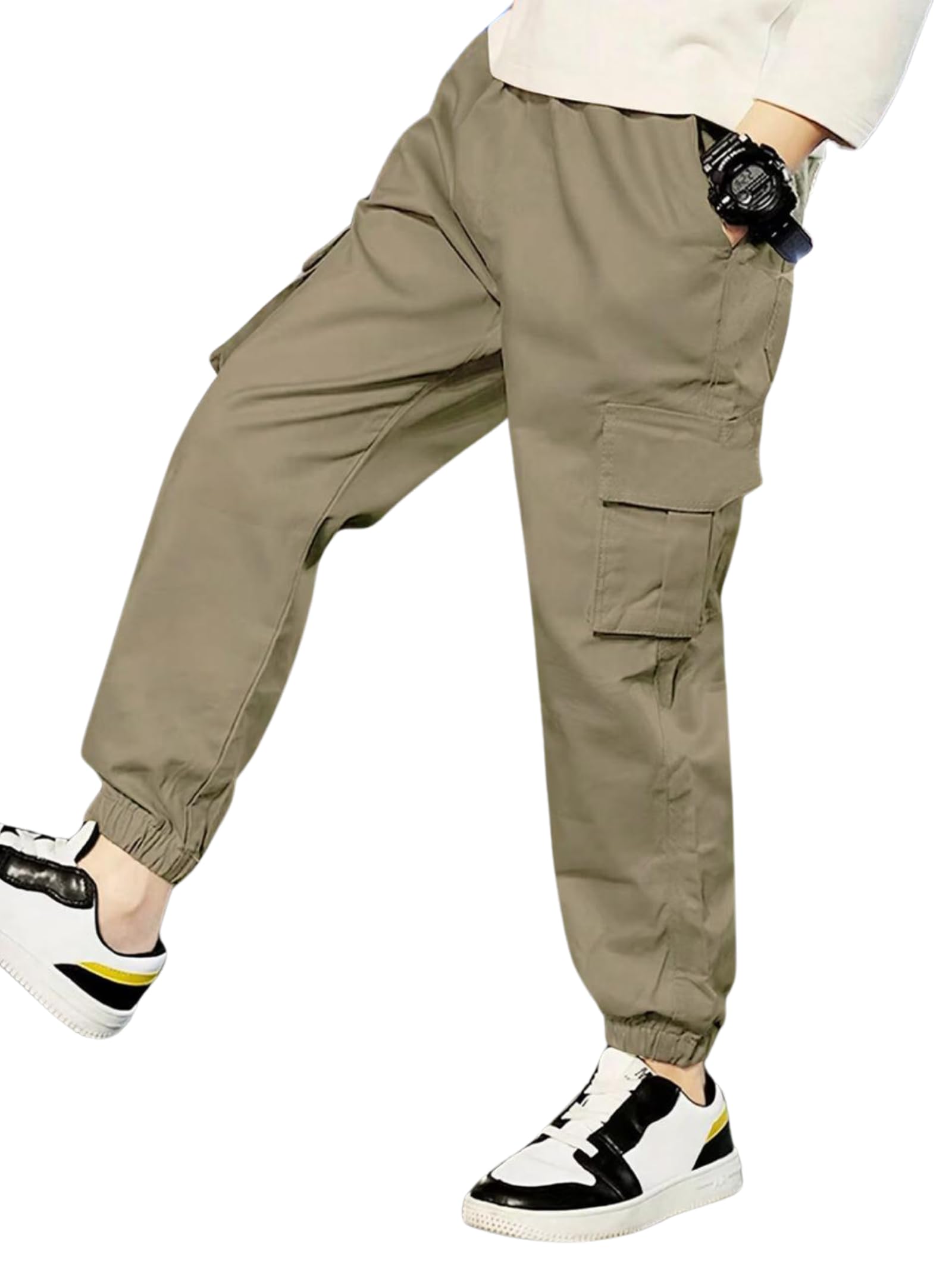 Kid Boys Cotton Cargo Joggers Pant with Mutiple Pockets and Elastic Waistband Closure | Cargo Pants for Boys-image-5