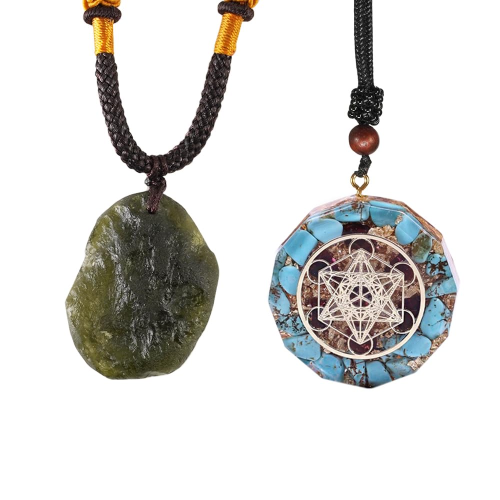 TAMHOPE Moldavite Czech Meteorite Glass Raw Rough Stone Necklace and Orgone  Merkaba Metatron Cube Pendant Emf Necklace(Set of 2,Buy Get 1)