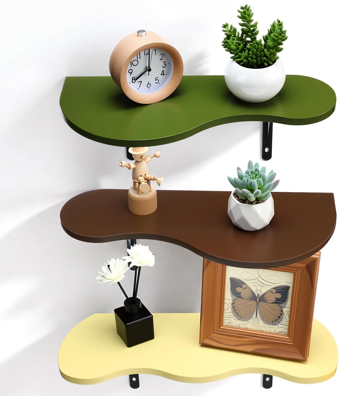 3 Pcs Mid Century Floating Shelves Wavy Cloud Shelves Wooden Shelf Live Edge Wall Mount Shelf Rustic Farmhouse Mid Century Modern Ledge for Bedroom Living Room Home Decor Housewarming Gifts