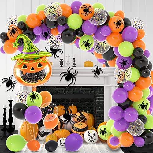Labeol 136Pcs Halloween Balloons Garland Kit, Halloween Party Decorations Orange Black Purple Green Confetti Balloons Arch Kit With Pumpkin Balloon And Spider Brithday Decorations Supplies #TOP19