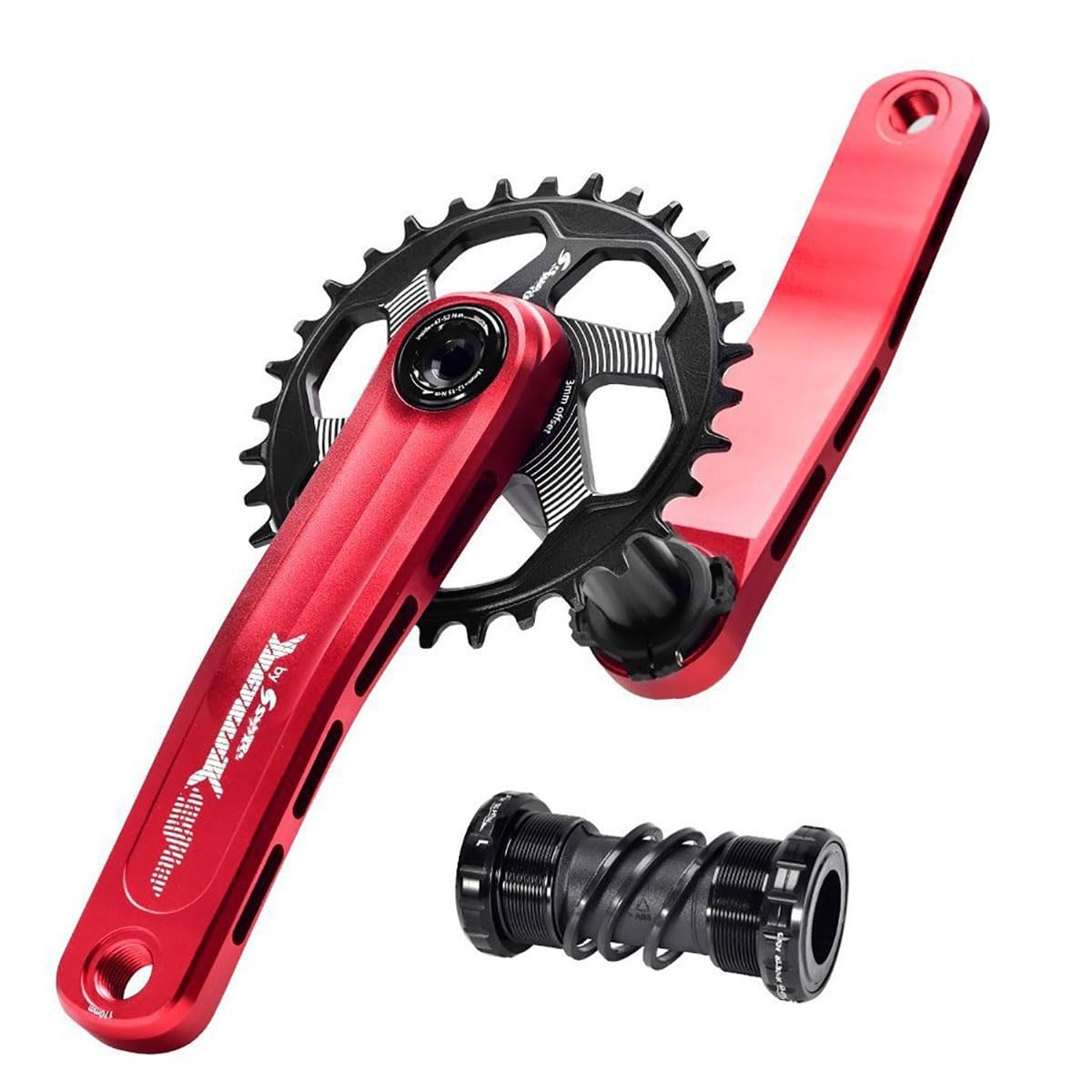 170 Mm Guarnitura Integrato Cavo MTB 30T/32T/34T/36T/38T Ingranaggio Singolo Lega di Alluminio Set di Pedivelle Bicicletta da Montagna con BB per 8-12 velocità(Red,30T)