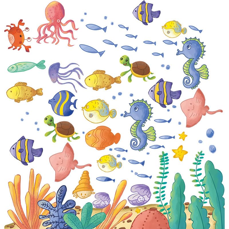 Image of Underwater Adventure Fish Seahorses Turtles Wall Stickers for Kids Baby Room Bedroom Playroom Nursery Bathroom Living Room Decor Wall Art Wall Decoration Boho | Sheet 30x90 cm Peel and Stick
