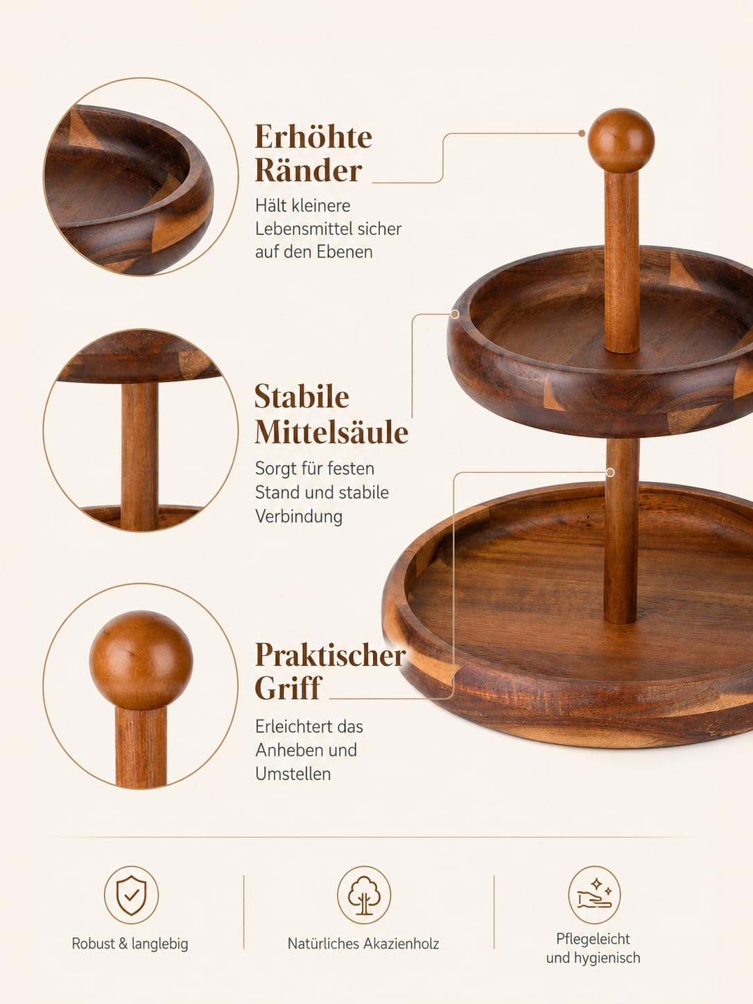 BRICARD Holz-Etagere 2-stöckig aus Akazienholz – Servierständer, Ø 25/30 cm