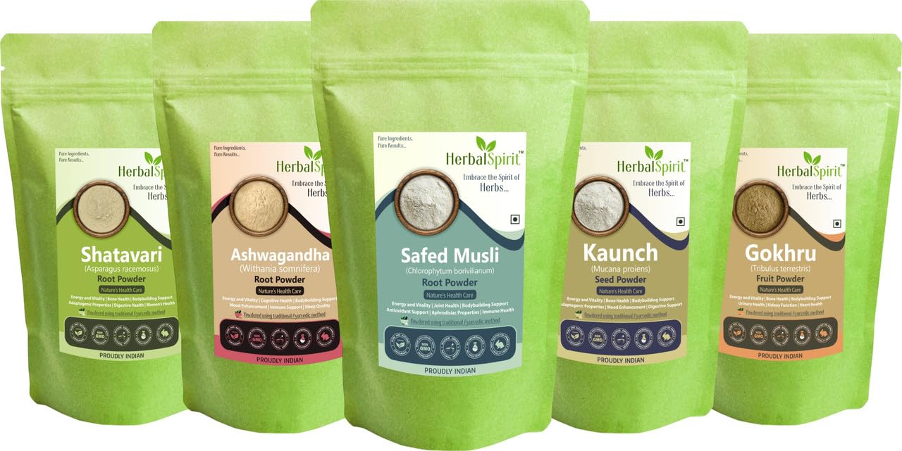 Herbal Spirit Aswagandha, Safed Musli, Kauch Ka Beej, Satavri Powder Powder with Gokhru Powder | Ashwagandha Safed Musli Kaunch Beej Shatavari with Gokshura Powder | 100gm each (Pack of 3)