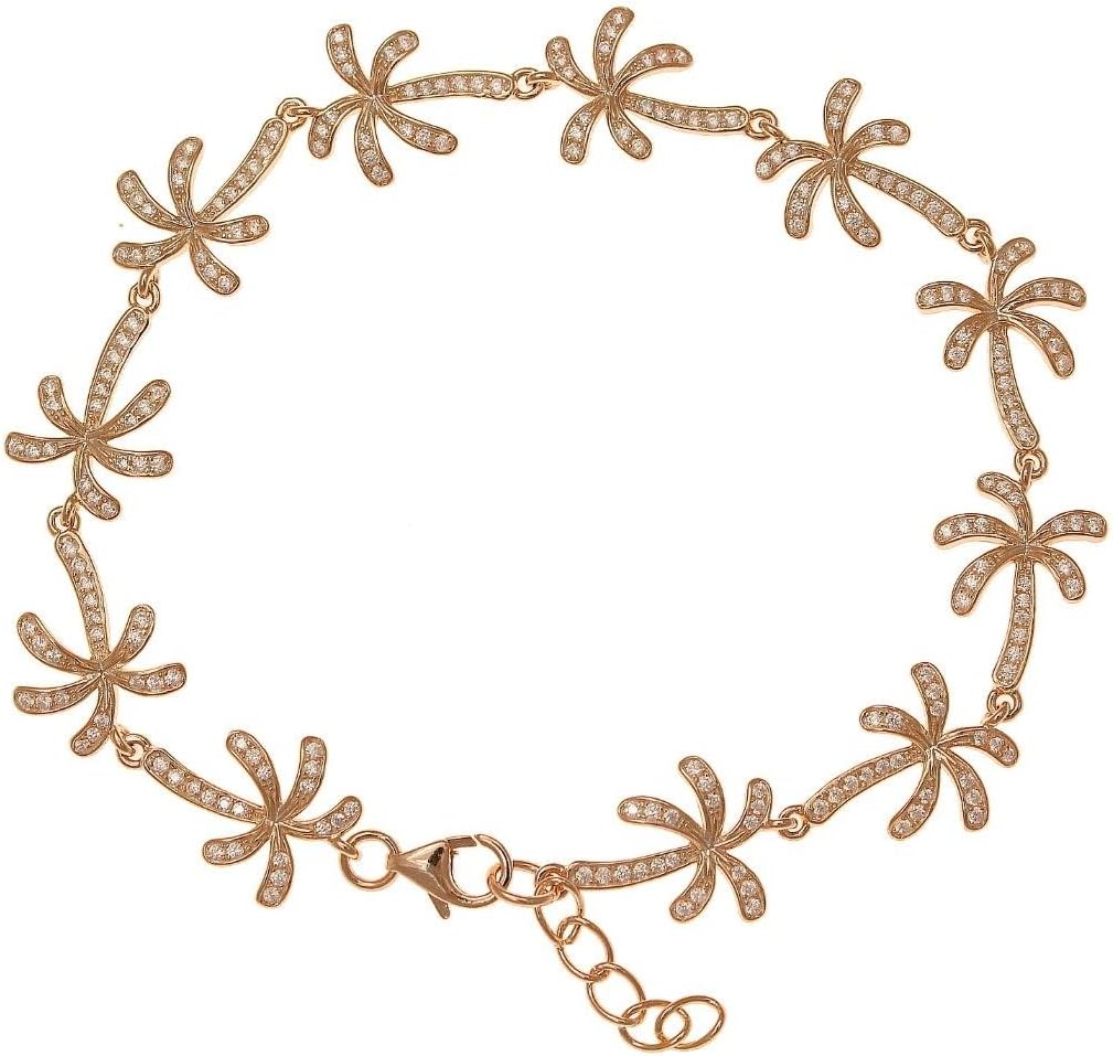 Arthur's Jewelry 925 solid sterling silver pink rose plated Hawaiian palm tree cz link bracelet 7.5"